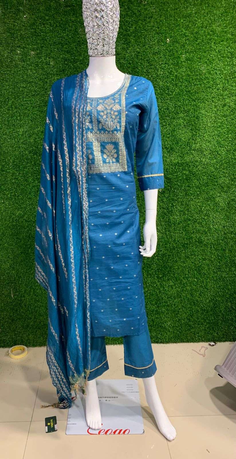 BEMITEX PRESENTS CHANDERI SILK FABRIC WITH FULL JAQUARD BASED BLUE READYMADE 3 PIECE SUIT COMBO WHOLESALE SHOP IN SURAT